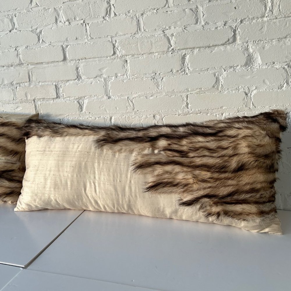 Handmade Raw Silk Pillows with Real Fur Accent Set of Two